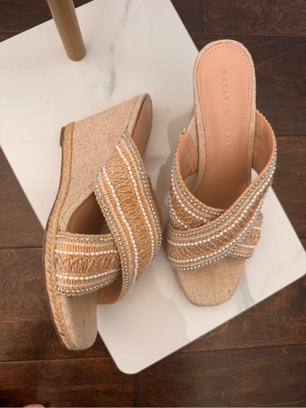 Kelly & Katie Tan Braided Pearl-Embellished Wedge Slides